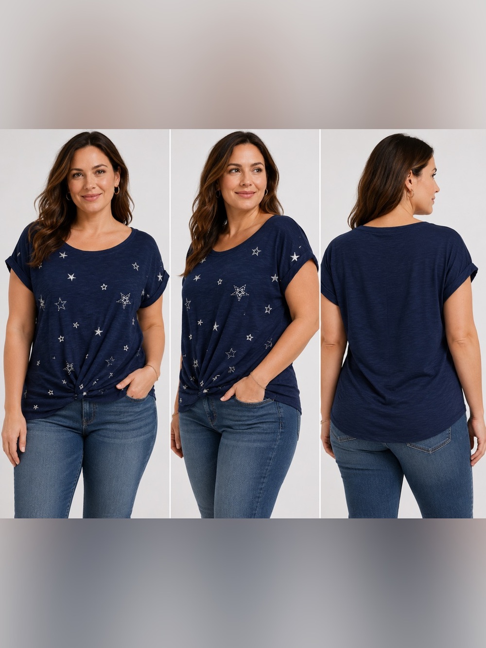 Lucky Brand Blue Star Embroidered Twist Front Tee Size Medium